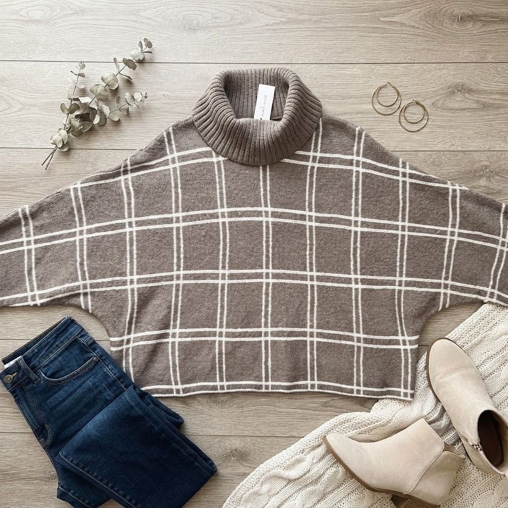 Lane Bryant Gray Windowpane Plaid Turtleneck Dolman Sweater 22/24 NWT